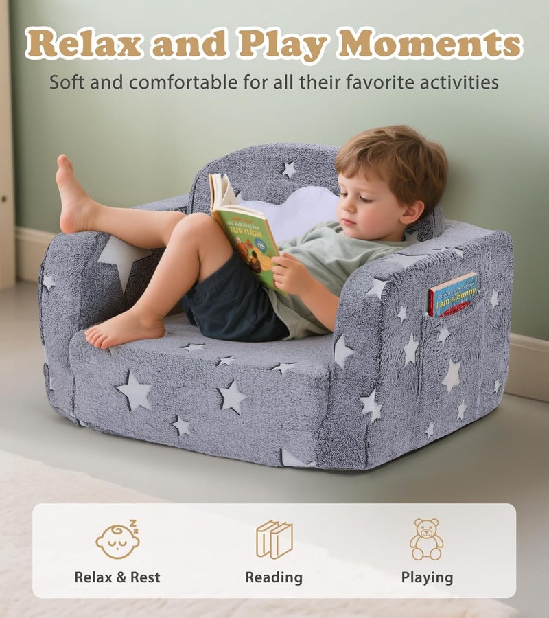Foryoomi Kids Couch, 2-in-1 Soft Toddler Couch Fold Out with with Blanket and Cloud Pillow, Glow in The Dark, Toddler Chair Comfy, Convertible Sofa, Gifts for Kids Girl Boys, Medium Grey Star - Image 4